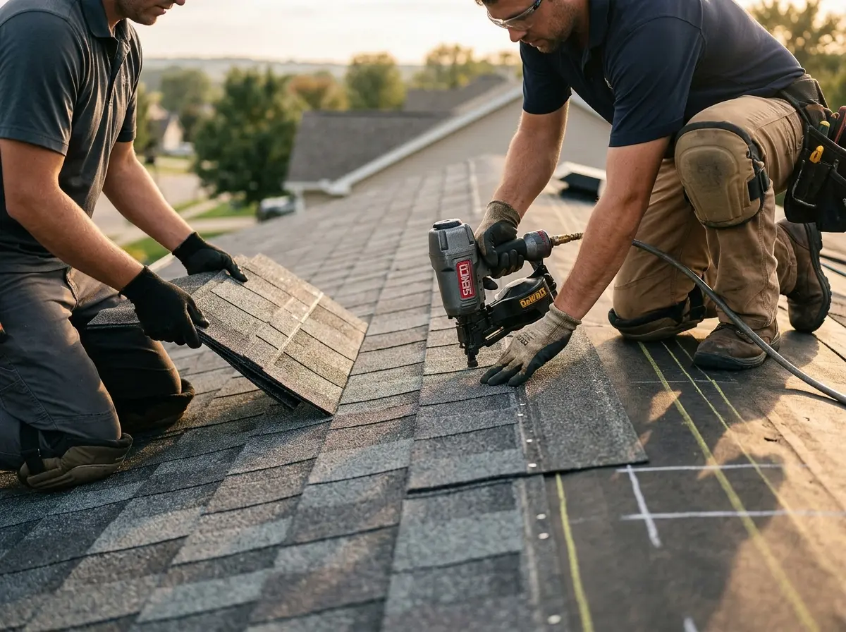 Professional roofer working on a residential roof in Ware